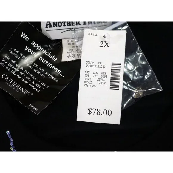 Another Thyme Black & Blue Beaded 3/4 Sleeve Top Scalloped Hem Size 2X USA Made - Picture 4 of 12